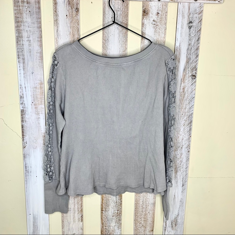 Sundance Light Gray Lace-Trim Long Sleeve Top